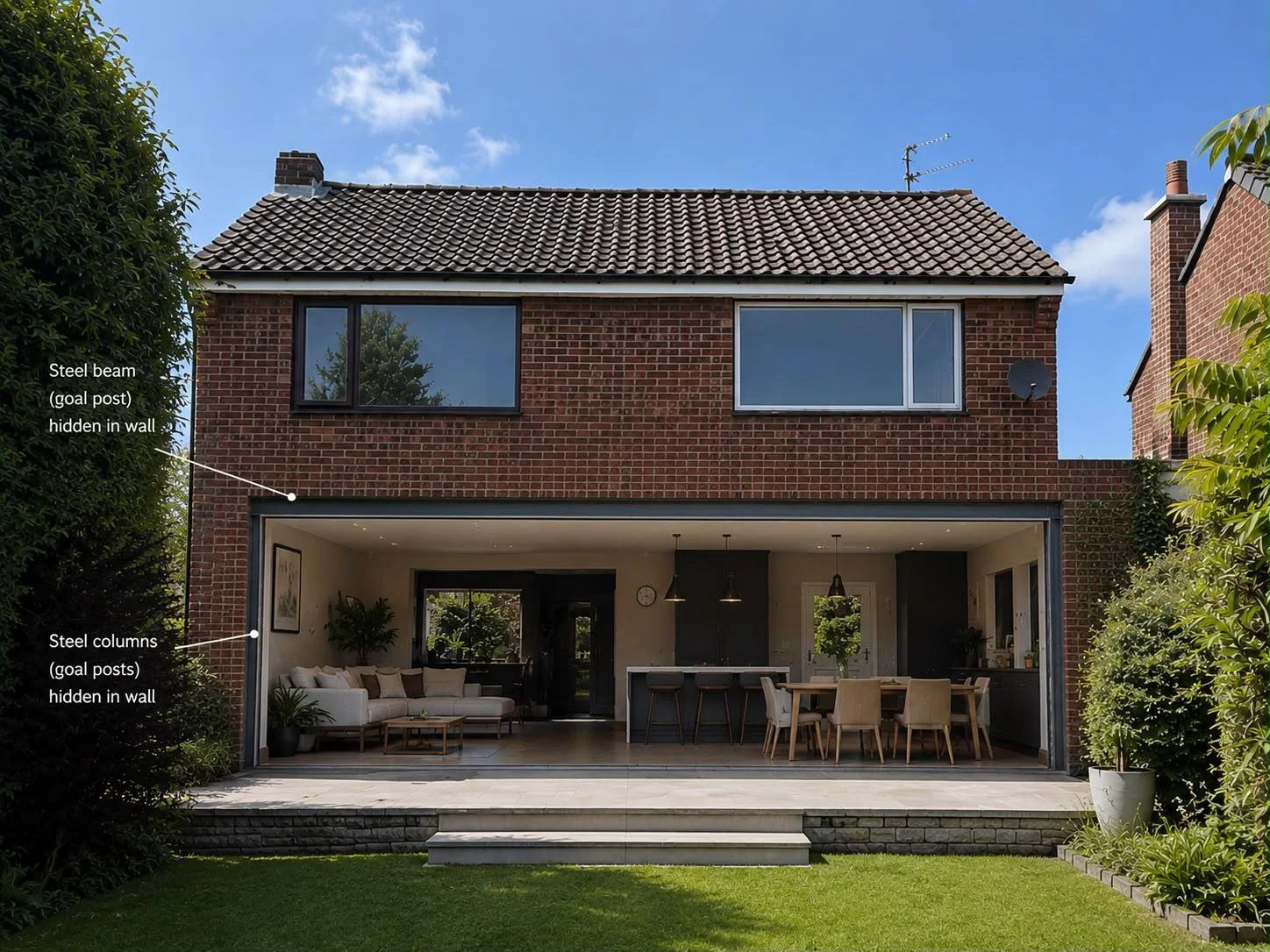 House with a wide opening onto the garden